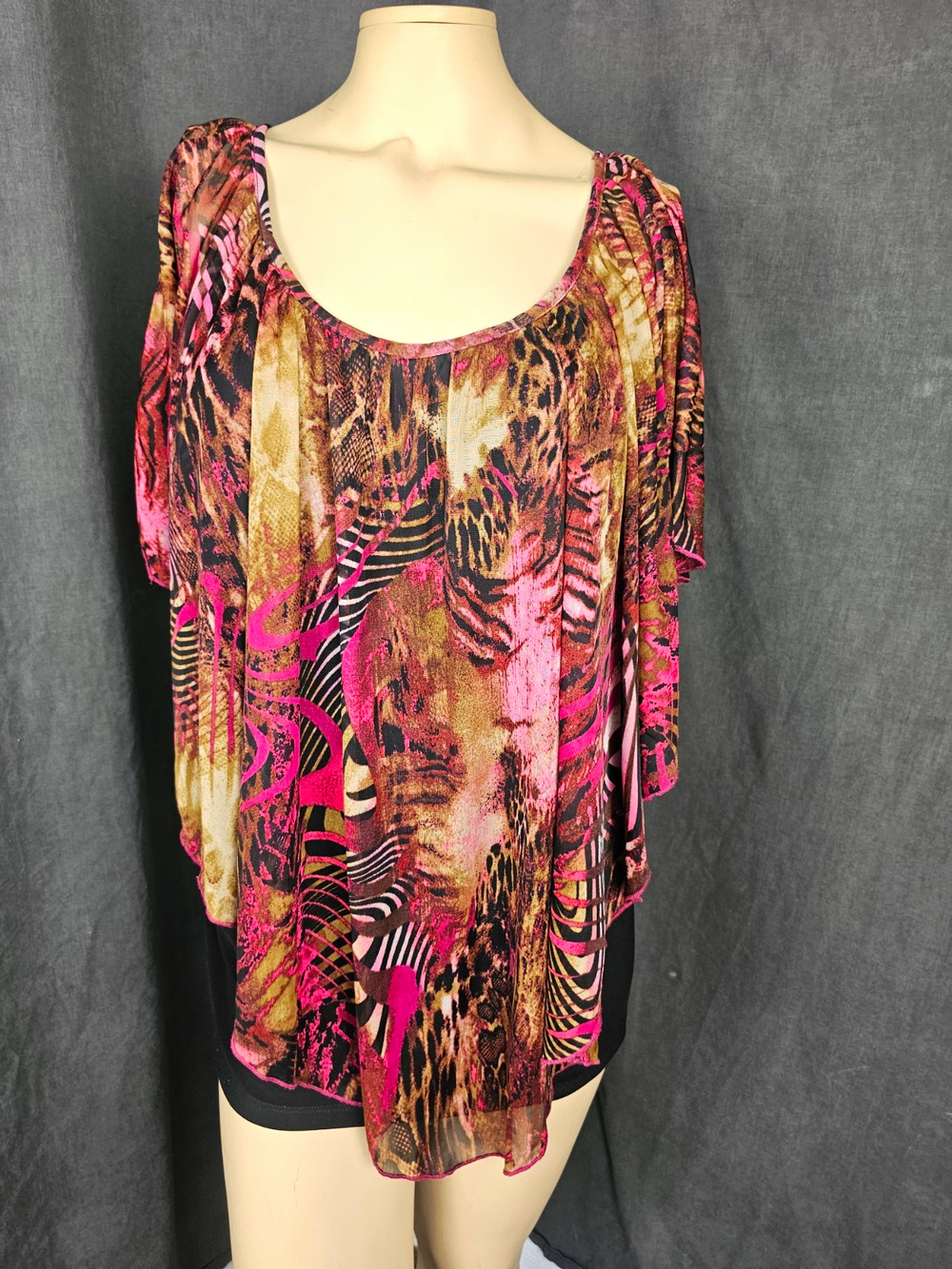 Animal Print Overlay Top 2X Pink Brown Sheer Chiffon Poncho Blouse Plus Size